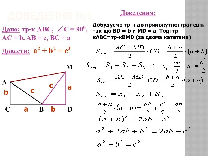 ДОВЕДЕННЯ №1 Дано: тр-к АВС, ∠C = 900, AC =