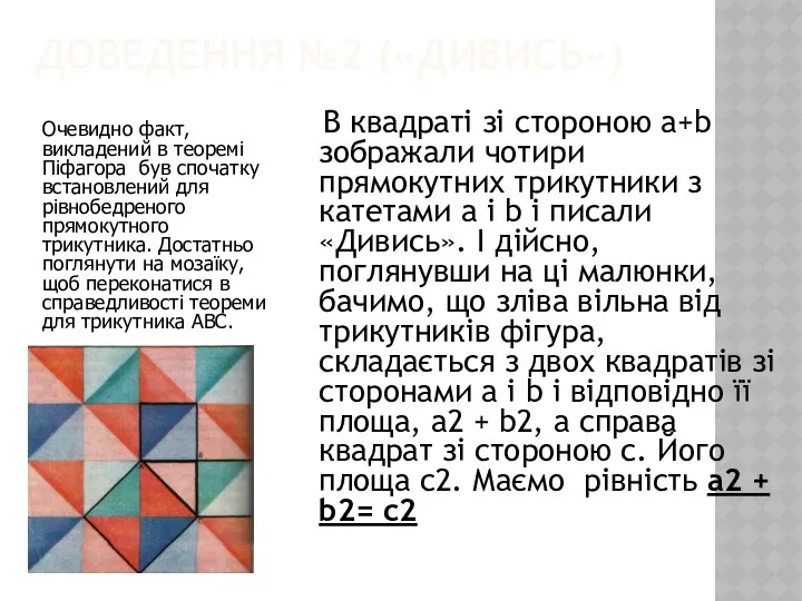 ДОВЕДЕННЯ №2 («ДИВИСЬ») В квадраті зі стороною a+b зображали чотири