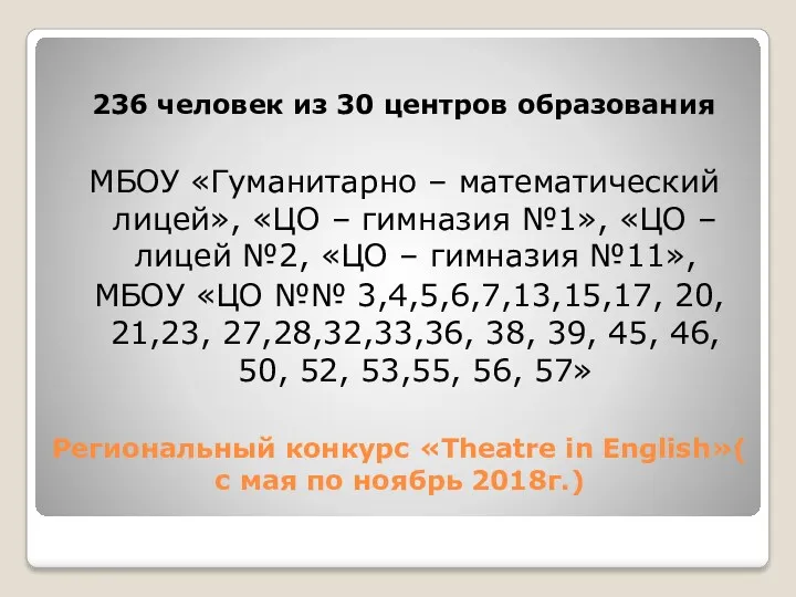 Региональный конкурс «Theatre in English»( с мая по ноябрь 2018г.)