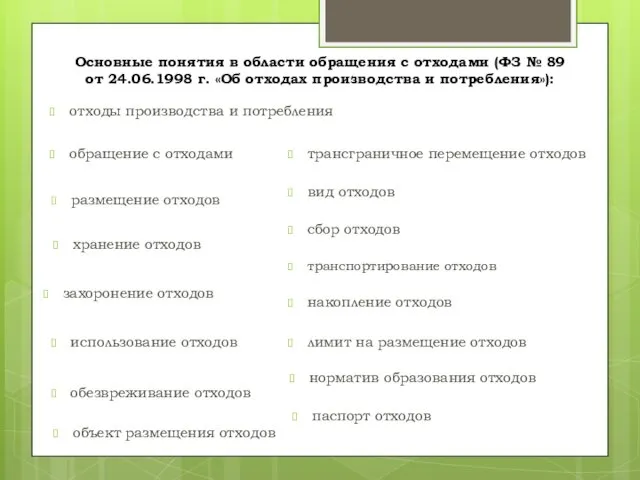 Основные понятия в области обращения с отходами (ФЗ № 89