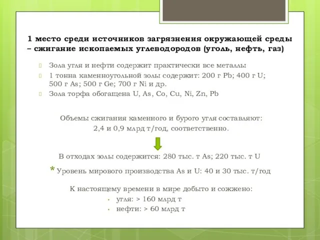 1 место среди источников загрязнения окружающей среды – сжигание ископаемых