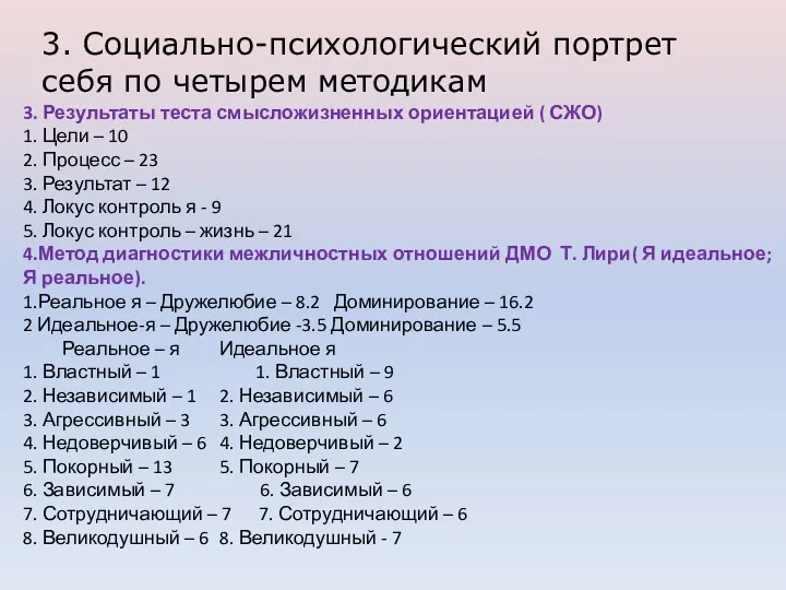 3. Социально-психологический портрет себя по четырем методикам 3. Результаты теста смысложизненных ориентацией (