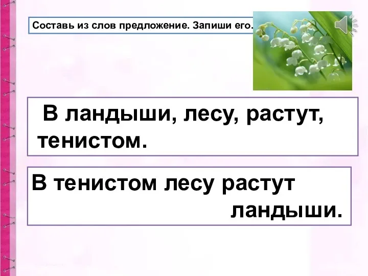 Составь из слов предложение. Запиши его. В тенистом лесу растут ландыши. В ландыши, лесу, растут, тенистом.