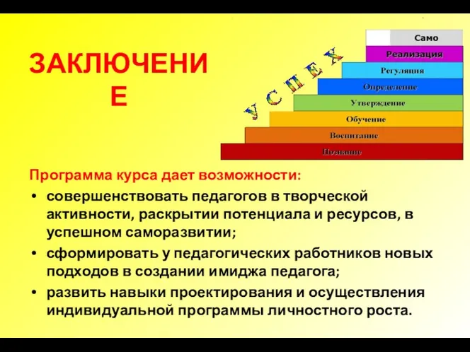 ЗАКЛЮЧЕНИЕ Программа курса дает возможности: совершенствовать педагогов в творческой активности,