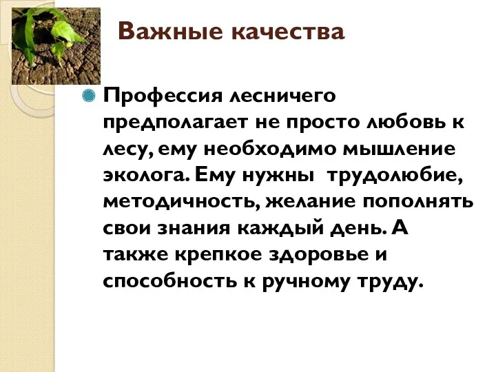 Важные качества Профессия лесничего предполагает не просто любовь к лесу,