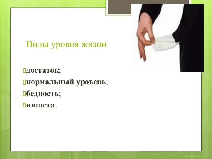 Виды уровня жизни достаток; нормальный уровень; бедность; нищета.