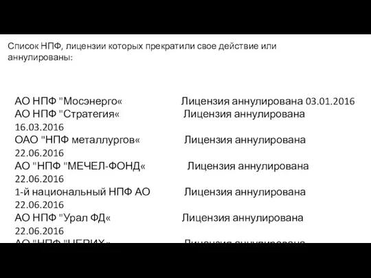 Список НПФ, лицензии которых прекратили свое действие или аннулированы: АО