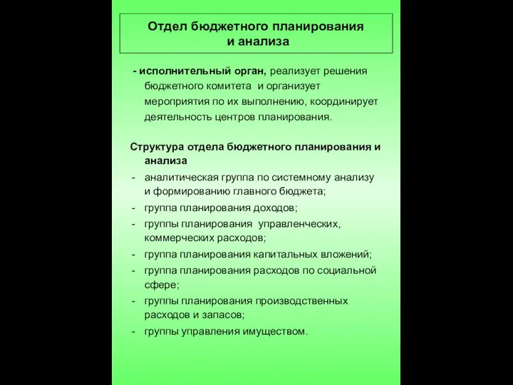 - исполнительный орган, реализует решения бюджетного комитета и организует мероприятия