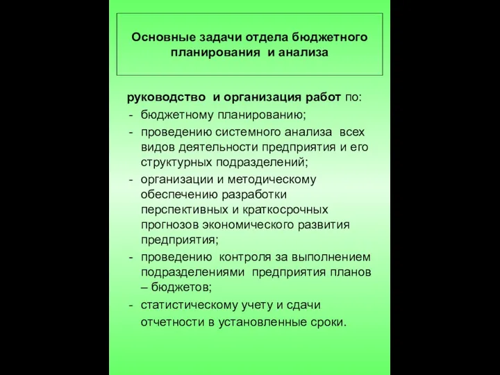 руководство и организация работ по: бюджетному планированию; проведению системного анализа