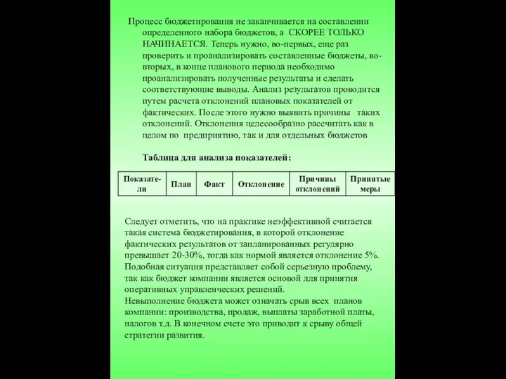 Процесс бюджетирования не заканчивается на составлении определенного набора бюджетов, а