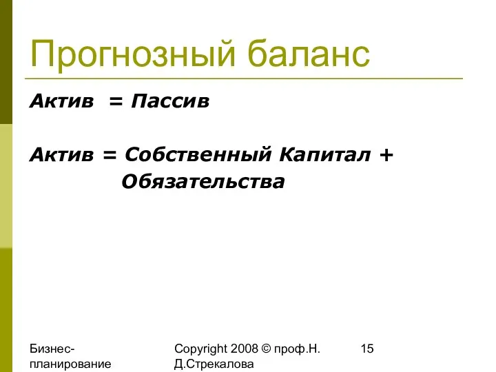Бизнес-планирование 2008 Copyright 2008 © проф.Н.Д.Стрекалова Прогнозный баланс Актив =