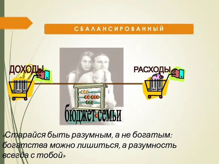 бюджет семьи ДОХОДЫ РАСХОДЫ «Старайся быть разумным, а не богатым: