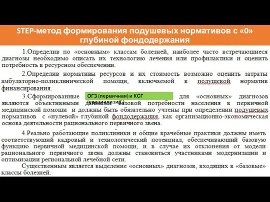 STEP-метод формирования подушевых нормативов с «0» глубиной фондодержания ОГЗ (первичная) и КСГ (специализир.)