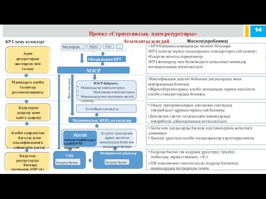 Проект «Стратегиялық адам ресурстары» Ағымдағы жағдай 14 Мәселе(проблема) КРЗ даму кезеңдері Мединформ РЦЭЗ