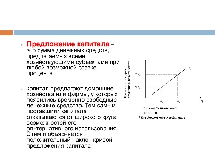 Предложение капитала – это сумма денежных средств, предлагаемых всеми хозяйствующими