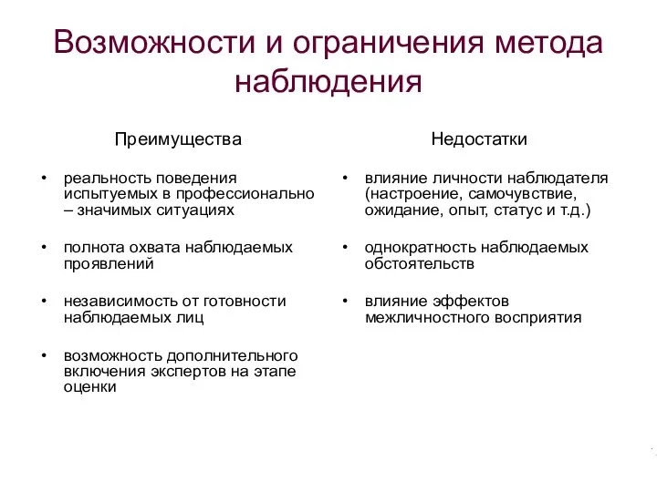 Возможности и ограничения метода наблюдения Преимущества реальность поведения испытуемых в