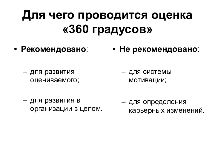 Для чего проводится оценка «360 градусов» Рекомендовано: для развития оцениваемого;