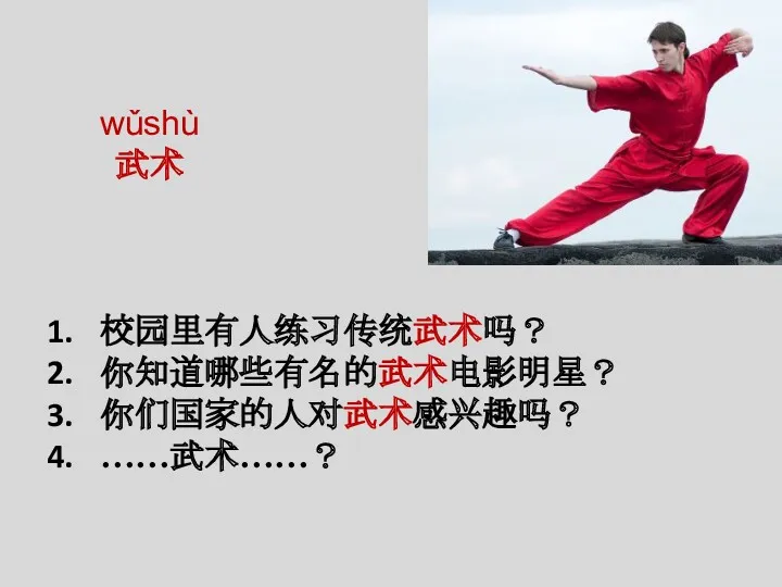 wǔshù 武术 校园里有人练习传统武术吗？ 你知道哪些有名的武术电影明星？ 你们国家的人对武术感兴趣吗？ ……武术……？