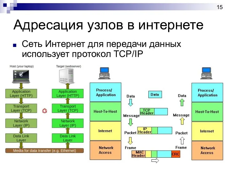 Адресация узлов в интернете Сеть Интернет для передачи данных использует протокол TCP/IP