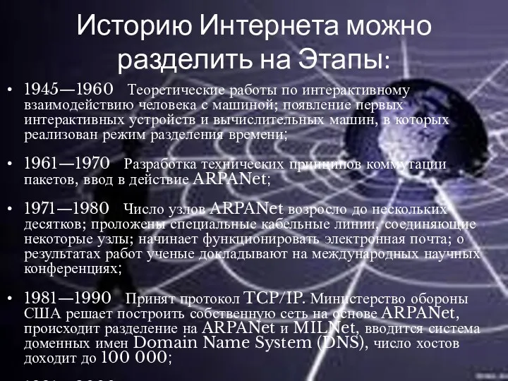 Историю Интернета можно разделить на Этапы: 1945—1960 Теоретические работы по