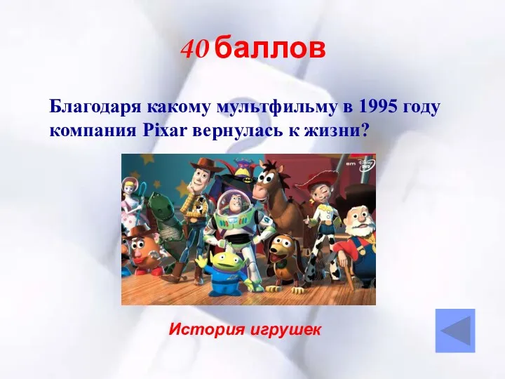 40 баллов Благодаря какому мультфильму в 1995 году компания Pixar вернулась к жизни? История игрушек