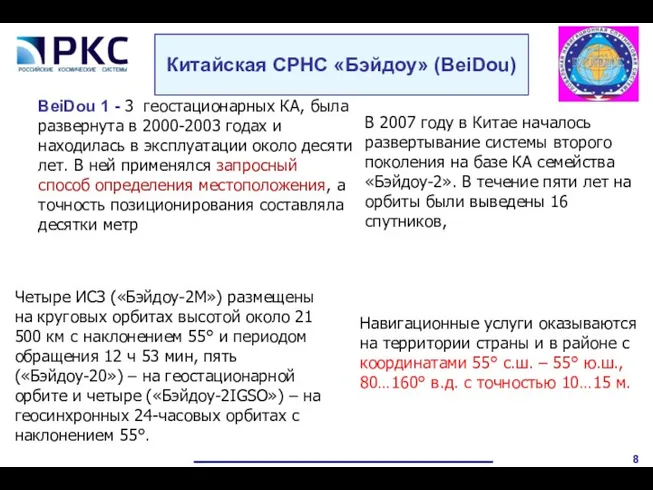 Китайская СРНС «Бэйдоу» (BeiDou) В 2007 году в Китае началось