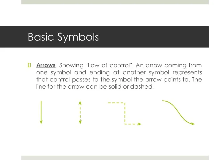 Basic Symbols Arrows. Showing "flow of control". An arrow coming from one symbol