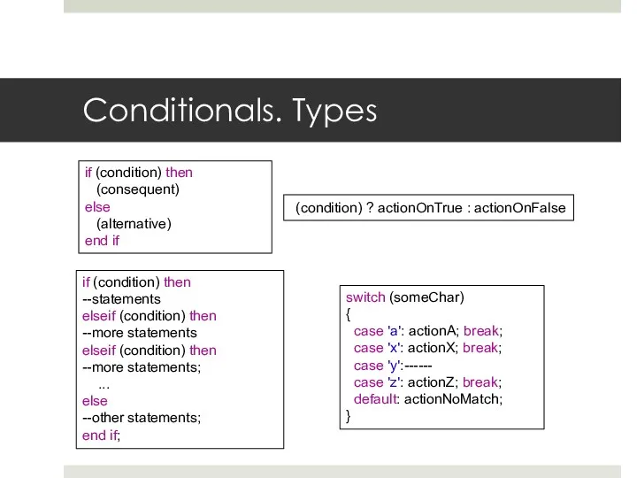 Conditionals. Types if (condition) then --statements elseif (condition) then --more statements elseif (condition)