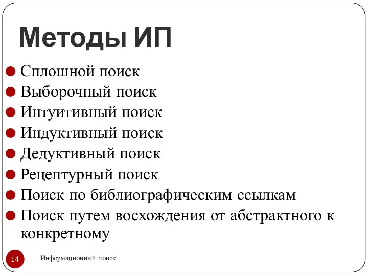 Методы ИП Информационный поиск Сплошной поиск Выборочный поиск Интуитивный поиск