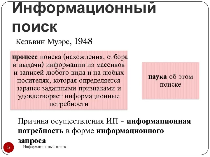 Информационный поиск Информационный поиск Причина осуществления ИП - информационная потребность