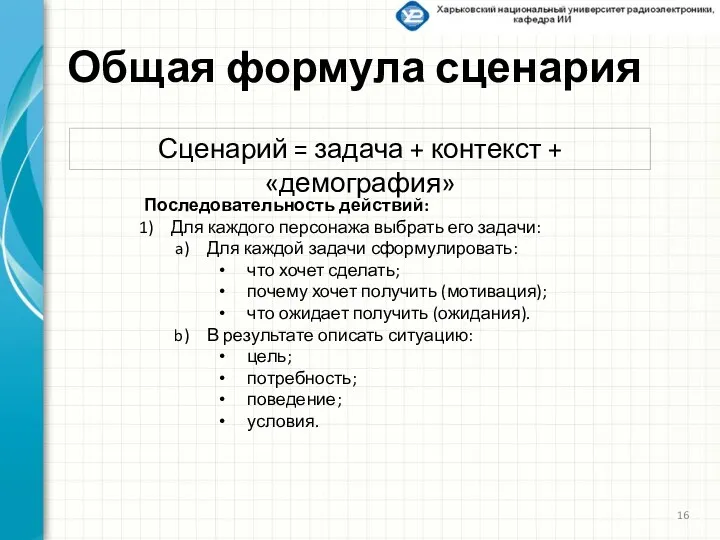 Общая формула сценария Сценарий = задача + контекст + «демография» Последовательность действий: Для