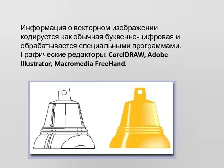 Информация о векторном изображении кодируется как обычная буквенно-цифровая и обрабатывается