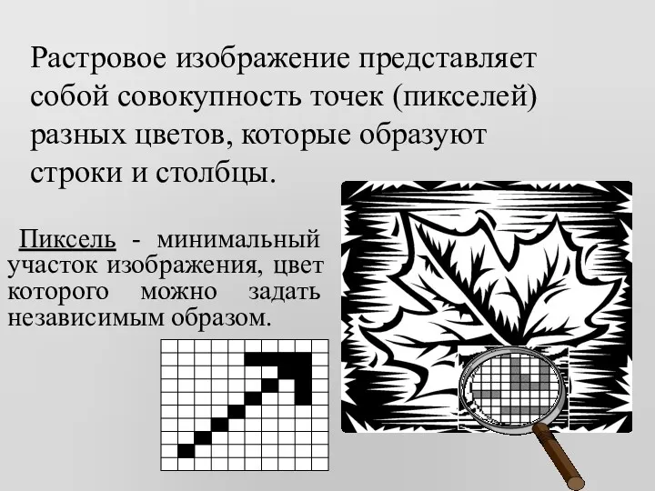 Пиксель - минимальный участок изображения, цвет которого можно задать независимым