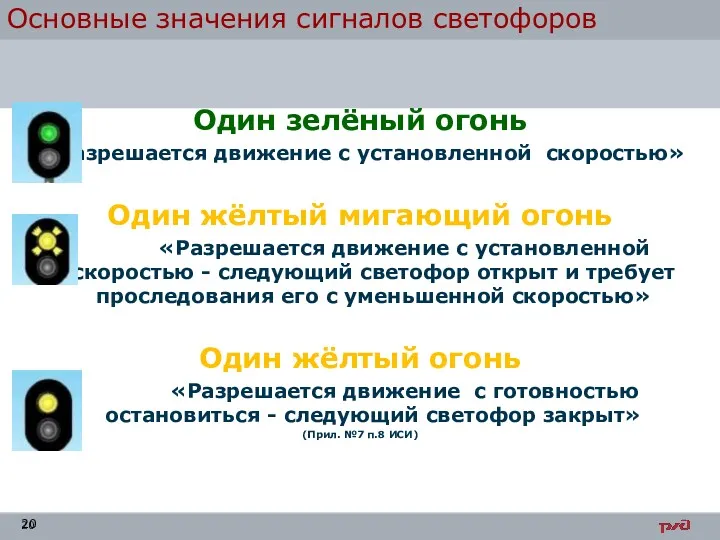 Основные значения сигналов светофоров Один зелёный огонь «Разрешается движение с