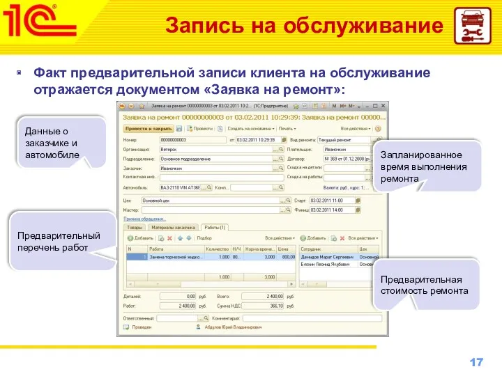 Запись на обслуживание Факт предварительной записи клиента на обслуживание отражается