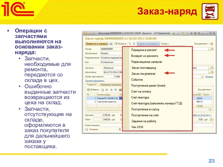 Заказ-наряд Операции с запчастями выполняются на основании заказ-наряда: Запчасти, необходимые