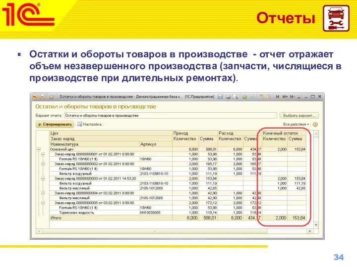 Отчеты Остатки и обороты товаров в производстве - отчет отражает