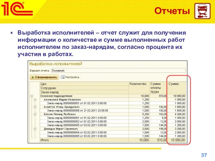 Отчеты Выработка исполнителей – отчет служит для получения информации о