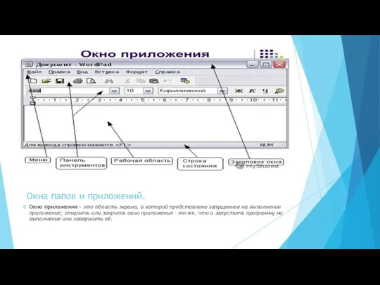 Окна папок и приложений. Окно приложения – это область экрана,