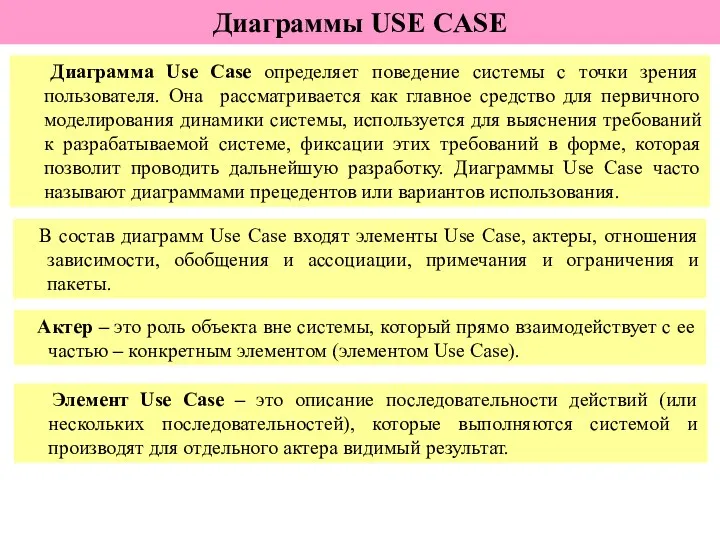 Диаграммы USE CASE Диаграмма Use Case определяет поведение системы с