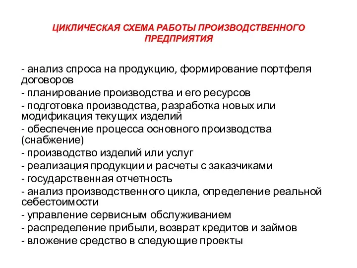 ЦИКЛИЧЕСКАЯ СХЕМА РАБОТЫ ПРОИЗВОДСТВЕННОГО ПРЕДПРИЯТИЯ - анализ спроса на продукцию, формирование портфеля договоров