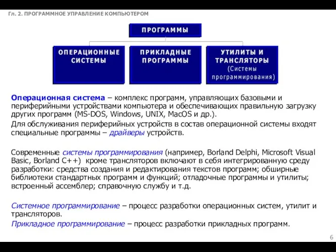 Гл. 2. ПРОГРАММНОЕ УПРАВЛЕНИЕ КОМПЬЮТЕРОМ Операционная система – комплекс программ,