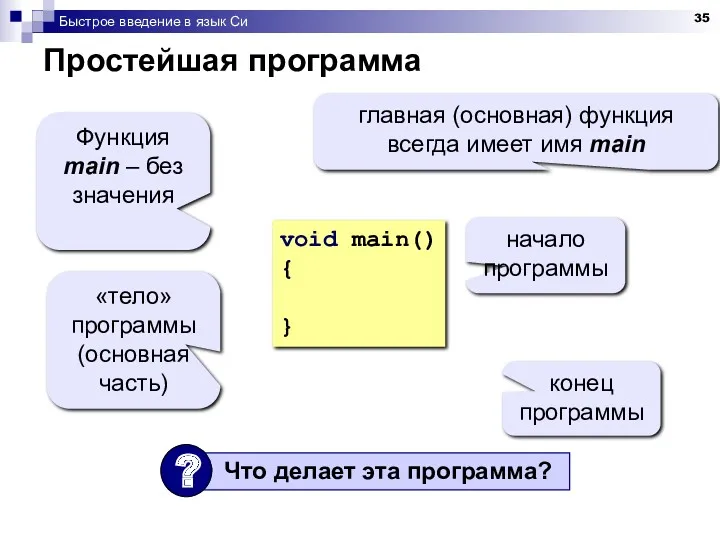 Быстрое введение в язык Си Простейшая программа void main() {