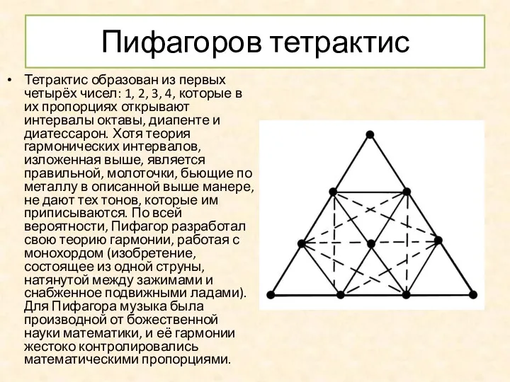 Пифагоров тетрактис Тетрактис образован из первых четырёх чисел: 1, 2,