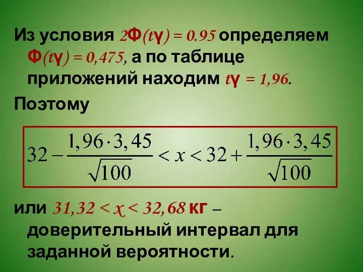 Из условия 2Φ(tγ) = 0.95 определяем Φ(tγ) = 0,475, а по таблице приложений