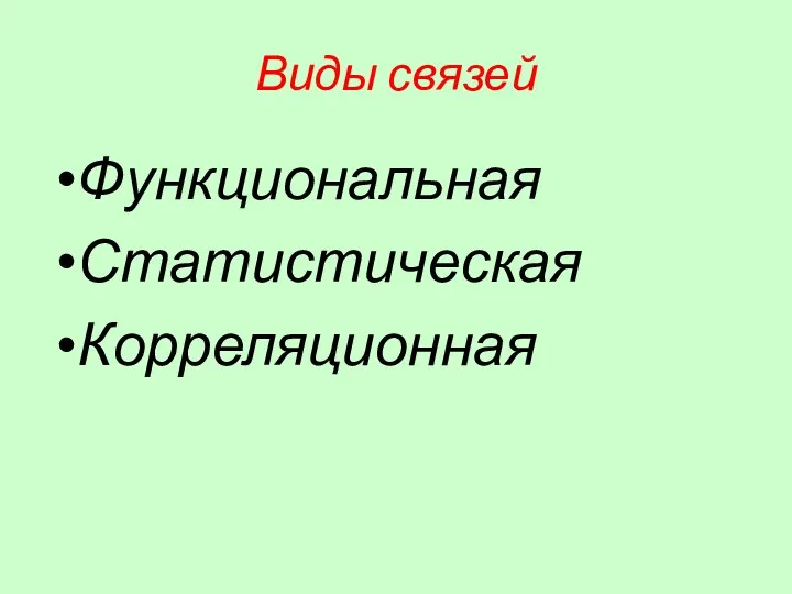 Виды связей Функциональная Статистическая Корреляционная