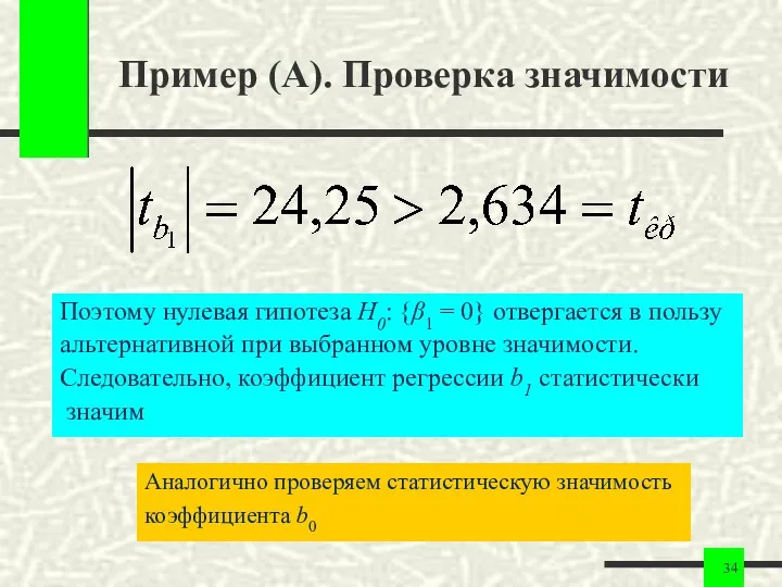 Пример (A). Проверка значимости Поэтому нулевая гипотеза H0: {β1 =