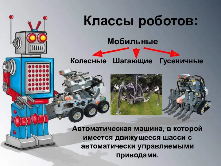 Классы роботов: Мобильные Автоматическая машина, в которой имеется движущееся шасси