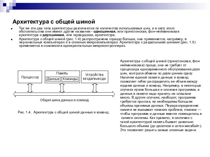 Архитектура с общей шиной Так же эти два типа архитектуры