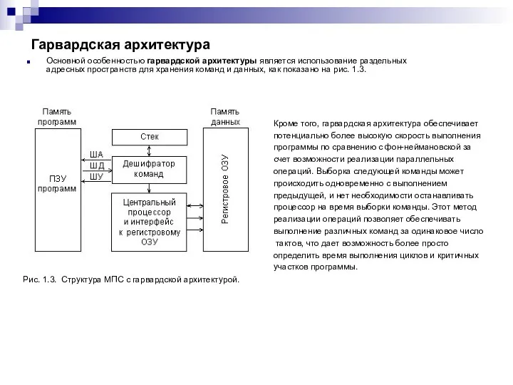 Гарвардская архитектура Основной особенностью гарвардской архитектуры является использование раздельных адресных